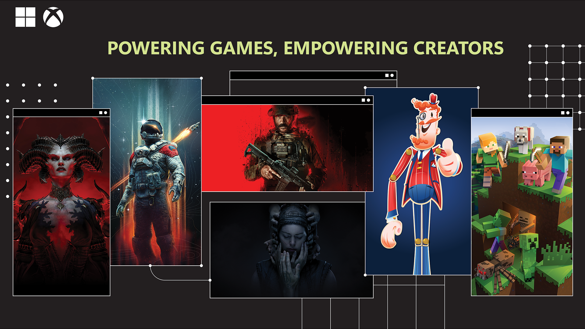 Image with text reading Powering Games, Empowering Creators with images from six video games