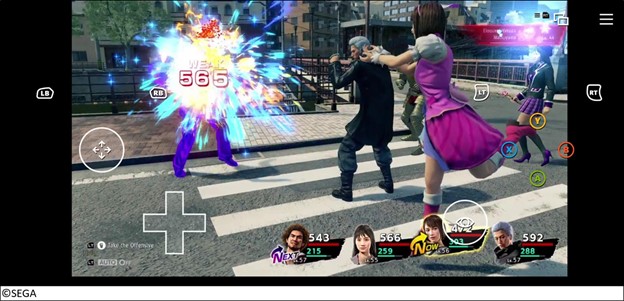 touch controls in Yakuza: Like A Dragon, showing how they move to a different spot on the screen when the user is engaging in combat in-game