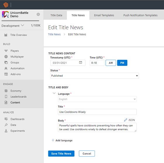 screenshot of the edit title news page in PlayFab Game Manager